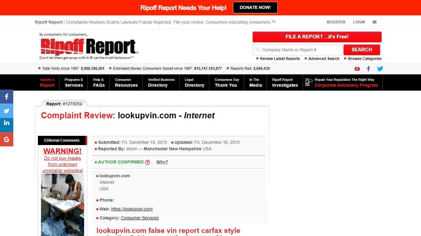 Ripoff Report | Lookupvin.com Review - Internet - Lookupvincom false